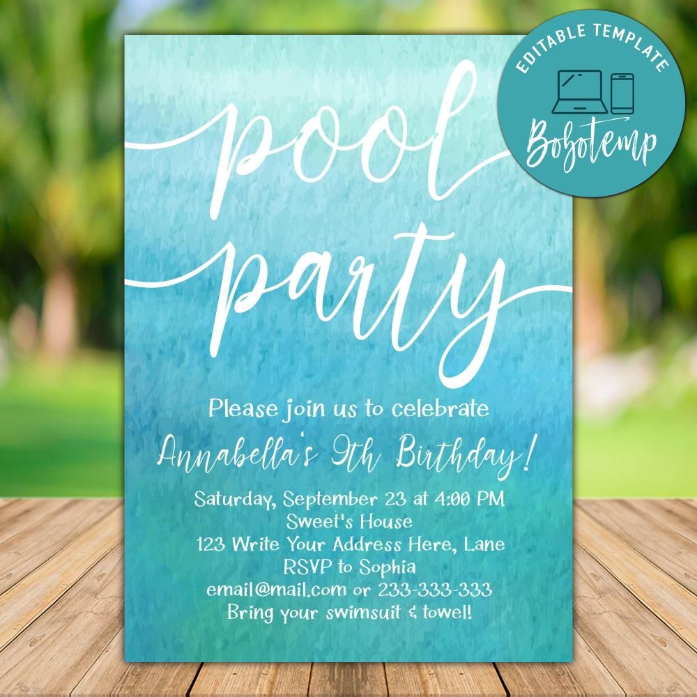 Pool Party Invitation Blue Aqua Turquoise Ombre Watercolor