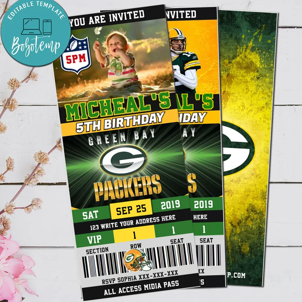 Editable Green Bay Packers Football Sports With Photo Invite Diy Bobotemp
