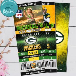 Editable Green Bay Packers Football Sports With Photo Party Invitations Digital File