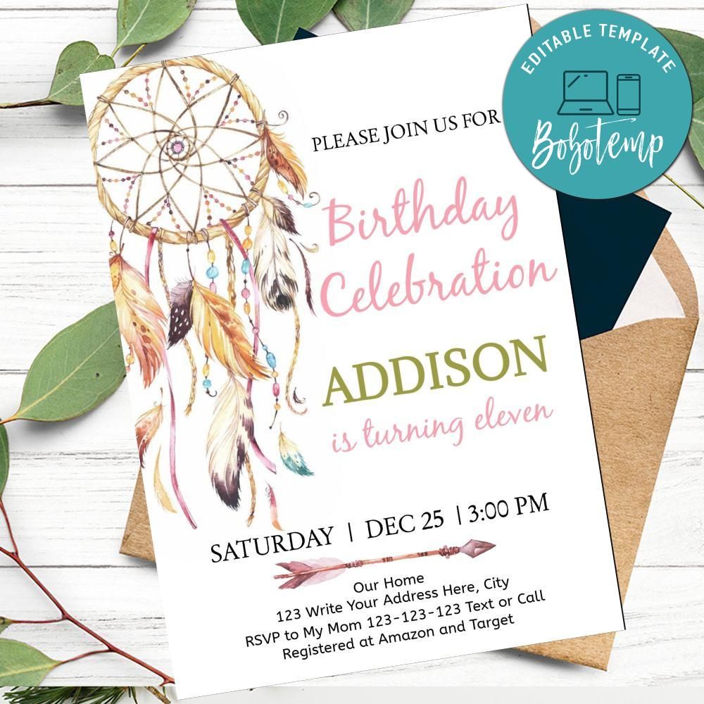 Bohemian Birthday Invitation Customizable Template DIY Bobotemp
