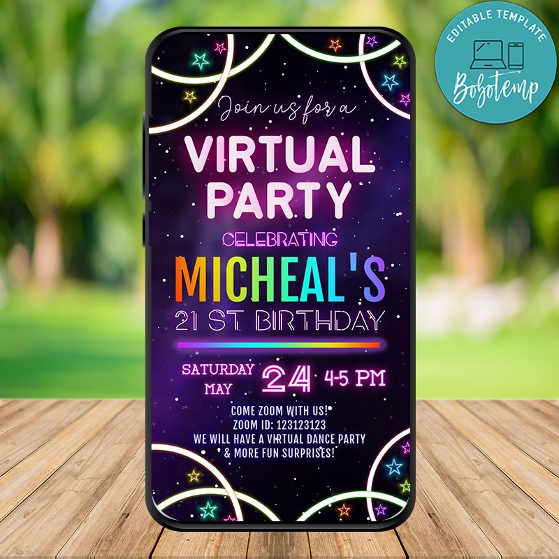Zoom Party Video Chat Girls Birthday E invite Template DIY Bobotemp