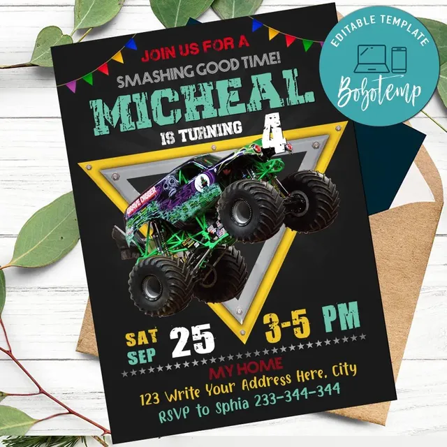 Printable Grave Digger Monster Truck Birthday Flyer DIY | Bobotemp for Free Printable Monster Truck Birthday Banner
