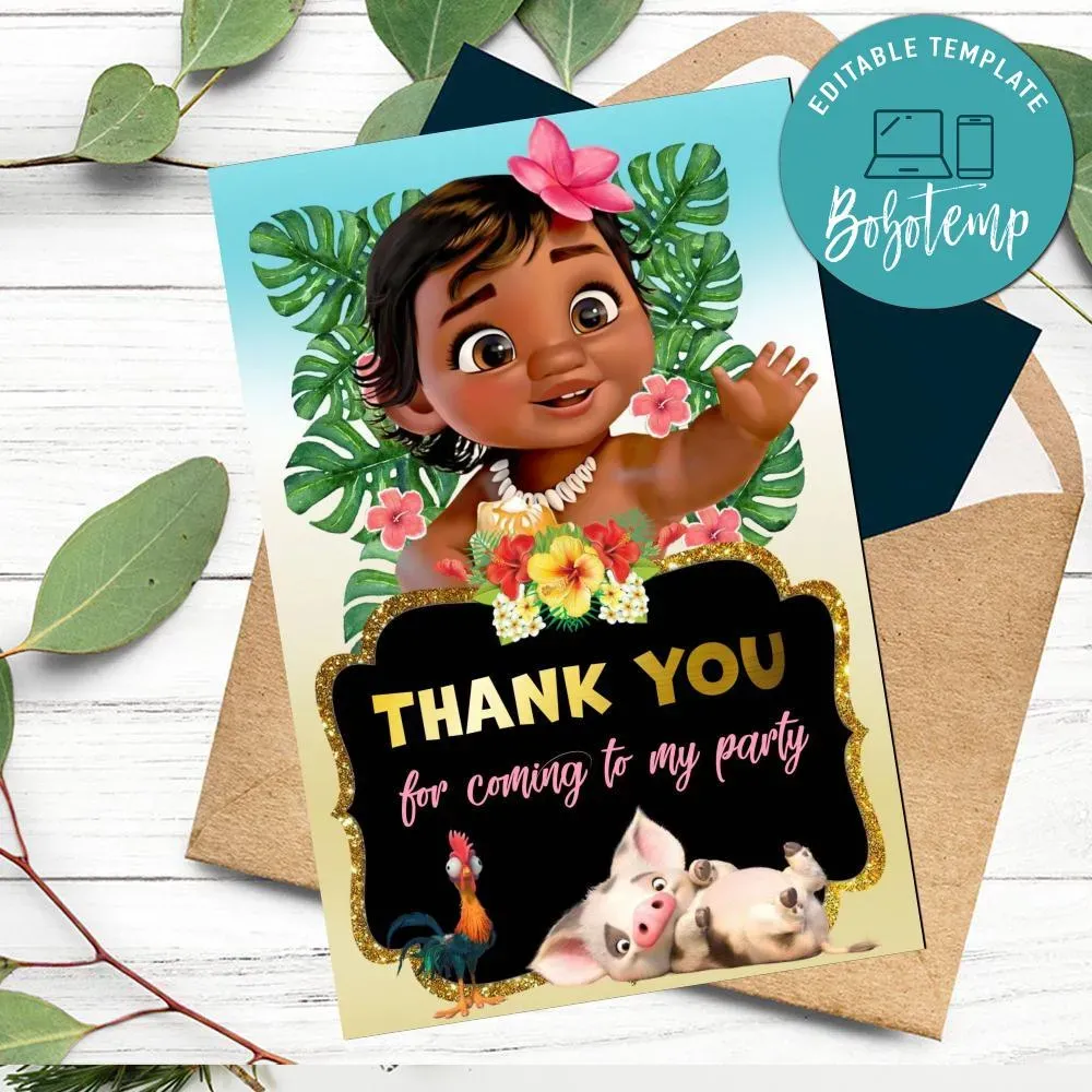 Baby Moana Thank you card Template to Print at Home | Bobotemp