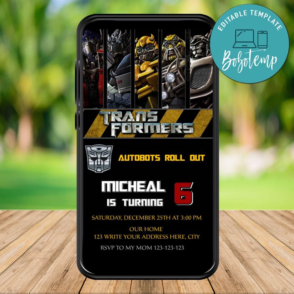 Mobile Transformers Birthday Electronic Invite Invitation Instant ...