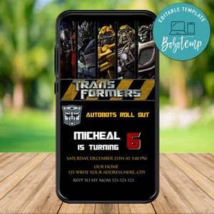 Mobile Transformers Birthday Electronic Invite Invitation Instant Download