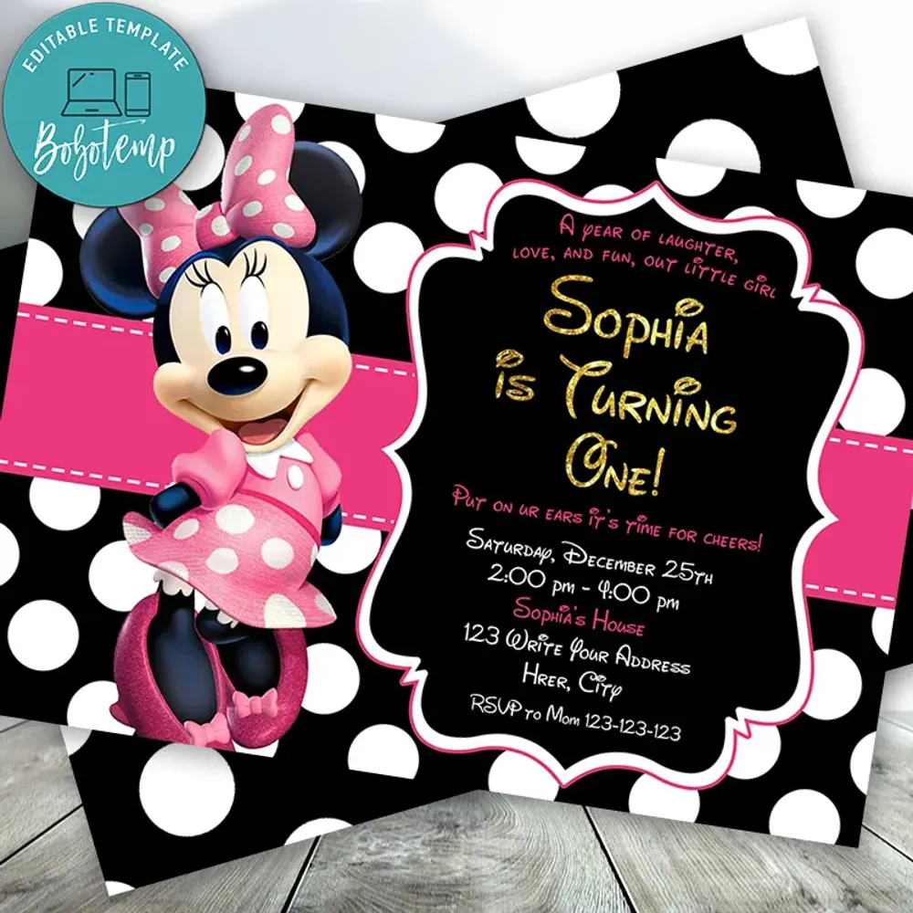 Editable Minnie Mouse 1st Birthday Invitations Instant Download Bobotemp