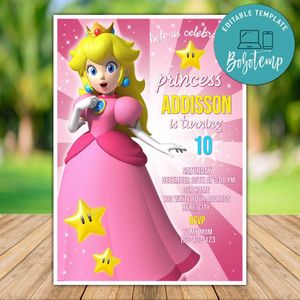 Printable Princess Peach Super Mario Bros Birthday Party Invitation Instant Download