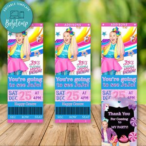 Editable JoJo Siwa TICKET INVITATION and Free Thank You Tag Instant Download