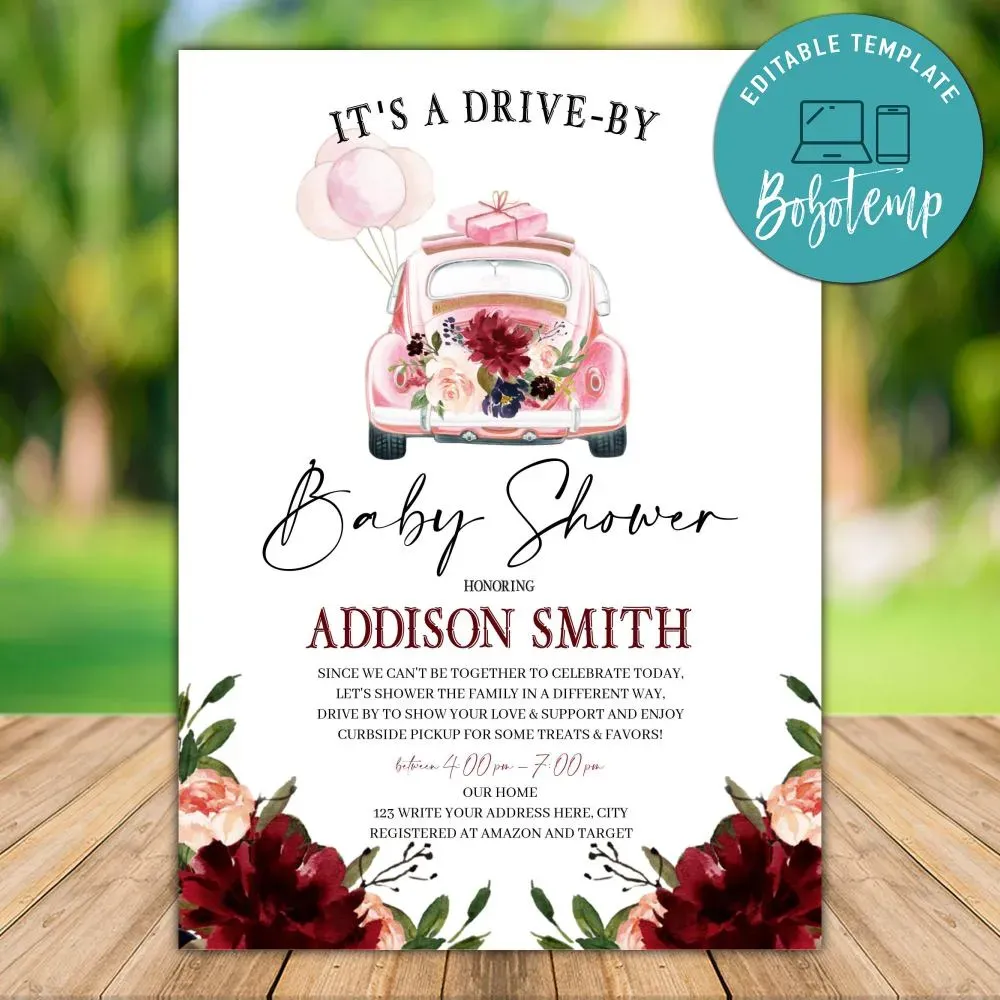 Printable Pink Floral Drive Through Baby Shower Invitation DIY Bobotemp