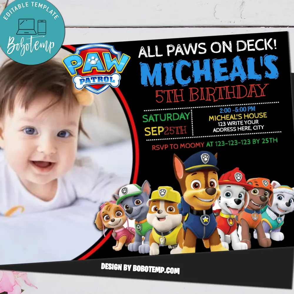 Paw Patrol Birthday Invitation With Photo Printable Bobotemp