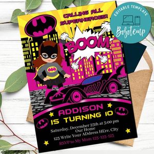Batgirl Birthday Flyer Template to print at home Instant Download