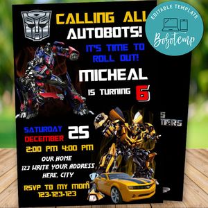 Editable Calling All Autobots Transformers Birthday Flyer Instant Download