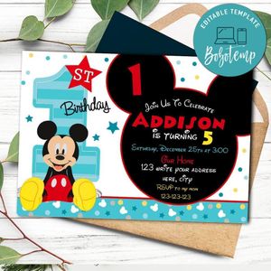 Disney Mickey Mouse First Birthday Invitation Template to Print at Home Instant Download