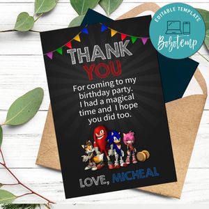 Sonic Thank you card Template to Print at Home Instant Download