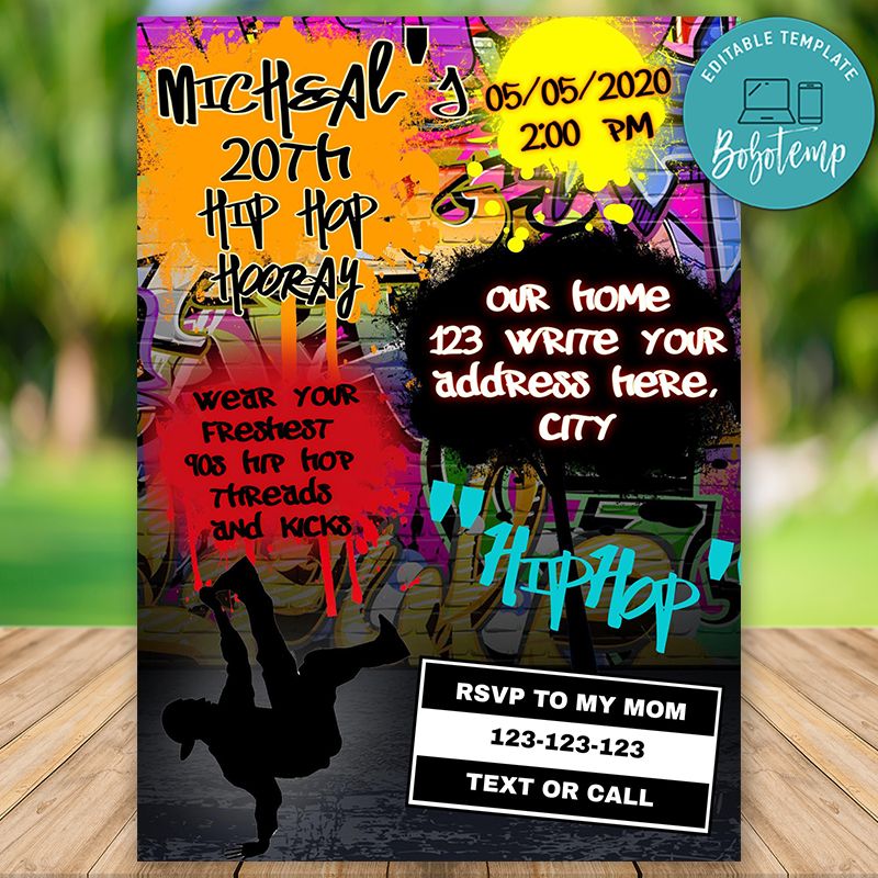 Editable Hip Hop Graffiti Birthday Invitation Instant Download | Bobotemp