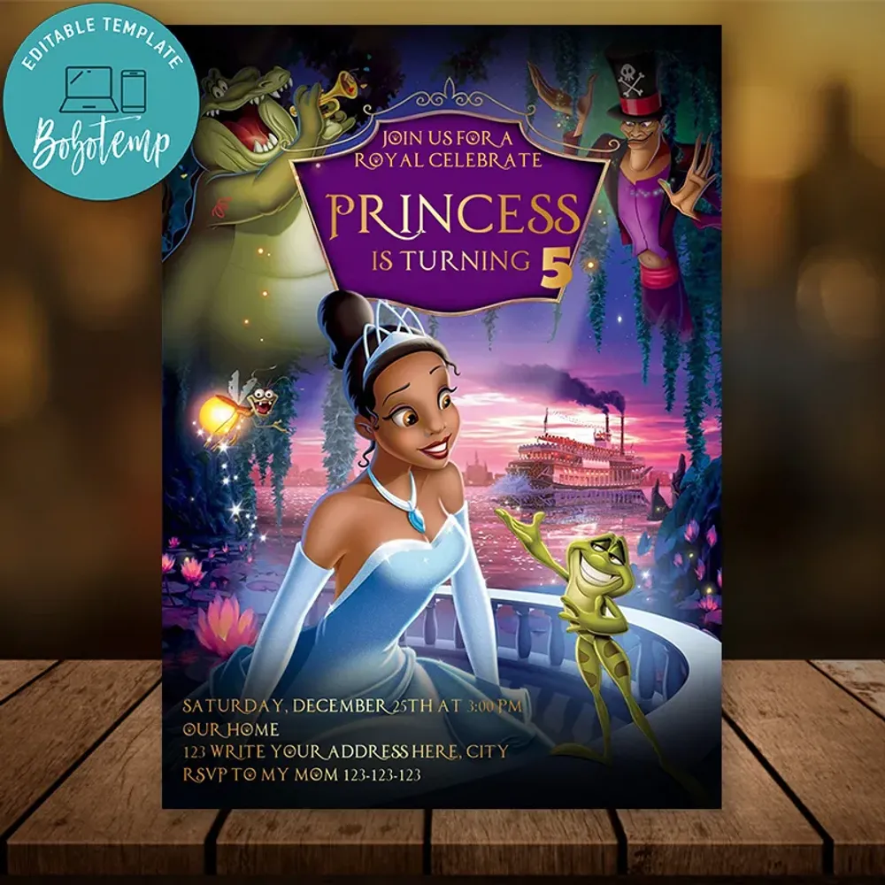 Editable Disney Princess Tiana Invitations Instant Download | Bobotemp