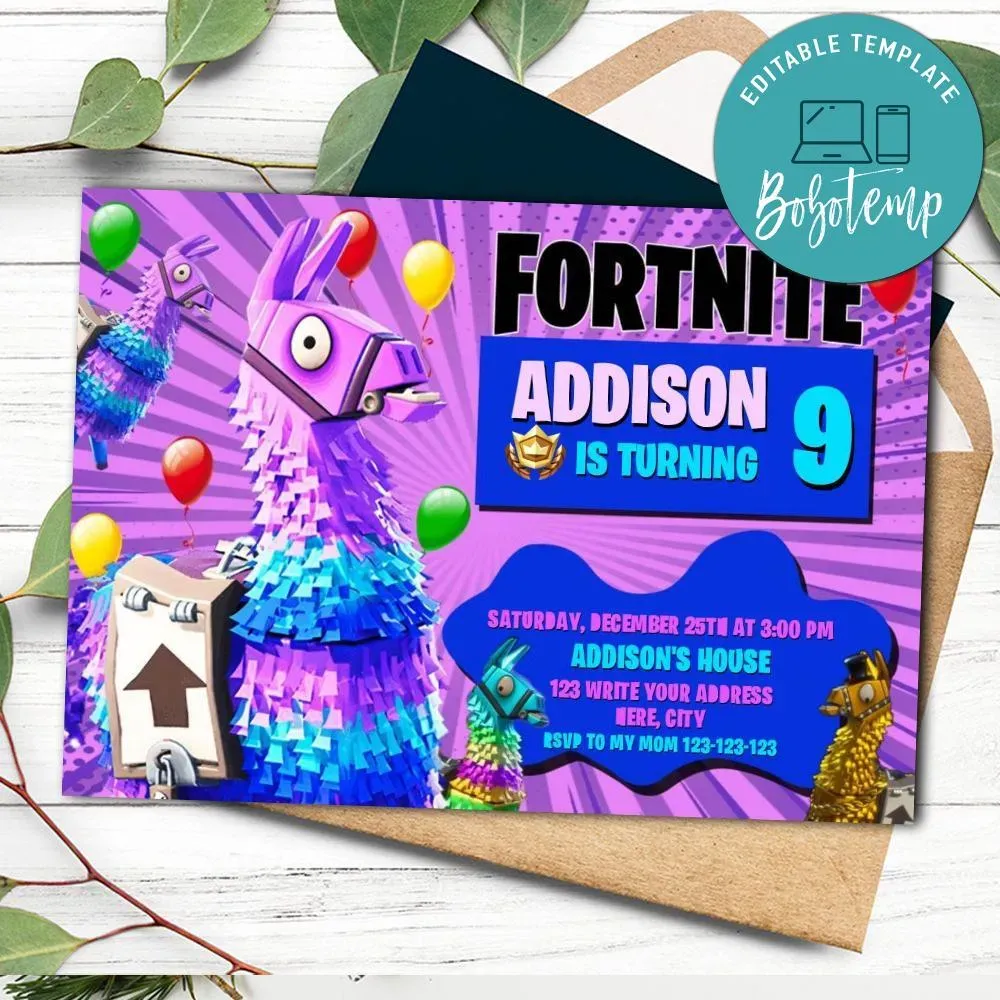 Loot llama Gamer invitation Customizable Template DIY | Bobotemp