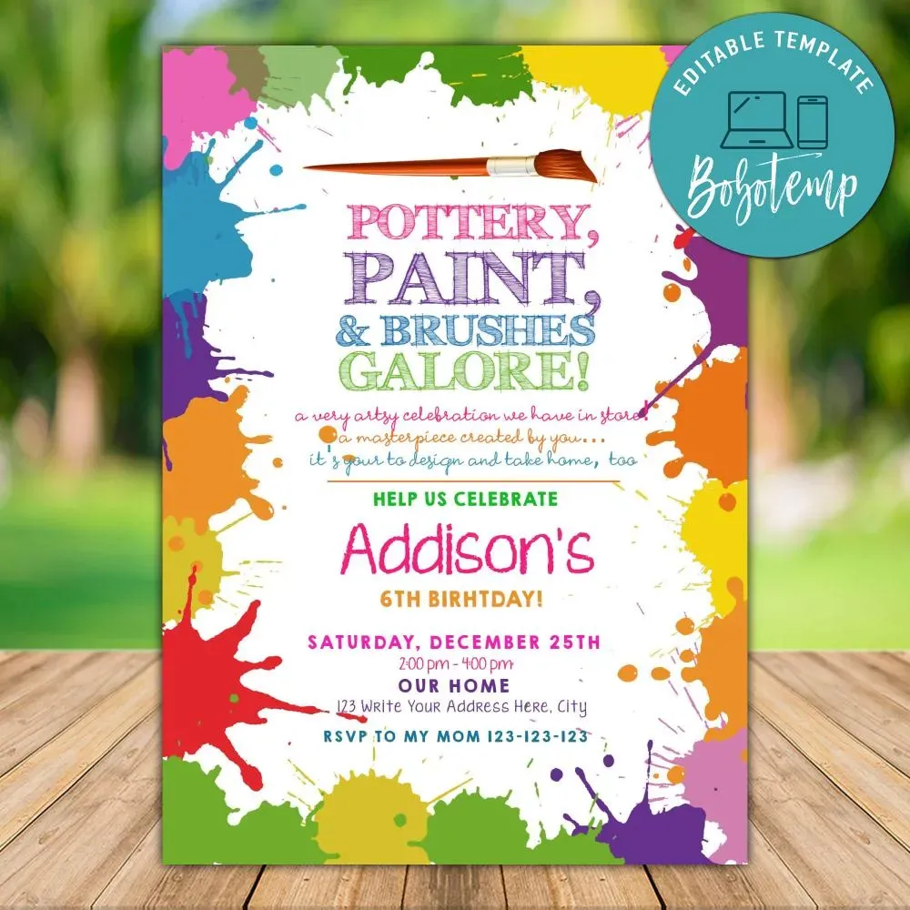 Printable Pottery Painting Birthday Invitation Instant Download