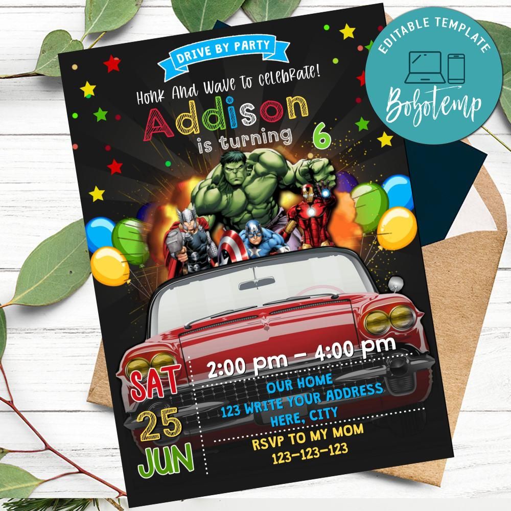 superhero avengers drivebirthday parade invitation diy