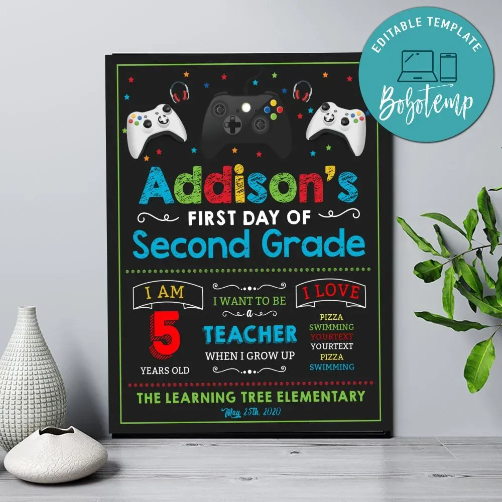 Video Game First Day Of Kindergarten Chalkboard Sign Printable Bobotemp