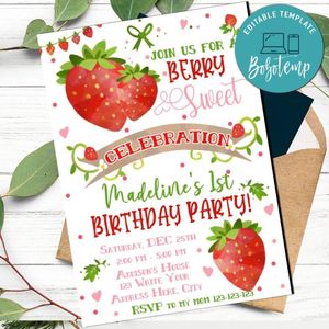 A Berry Sweet Birthday Flyer Template to Print at Home Instant Download