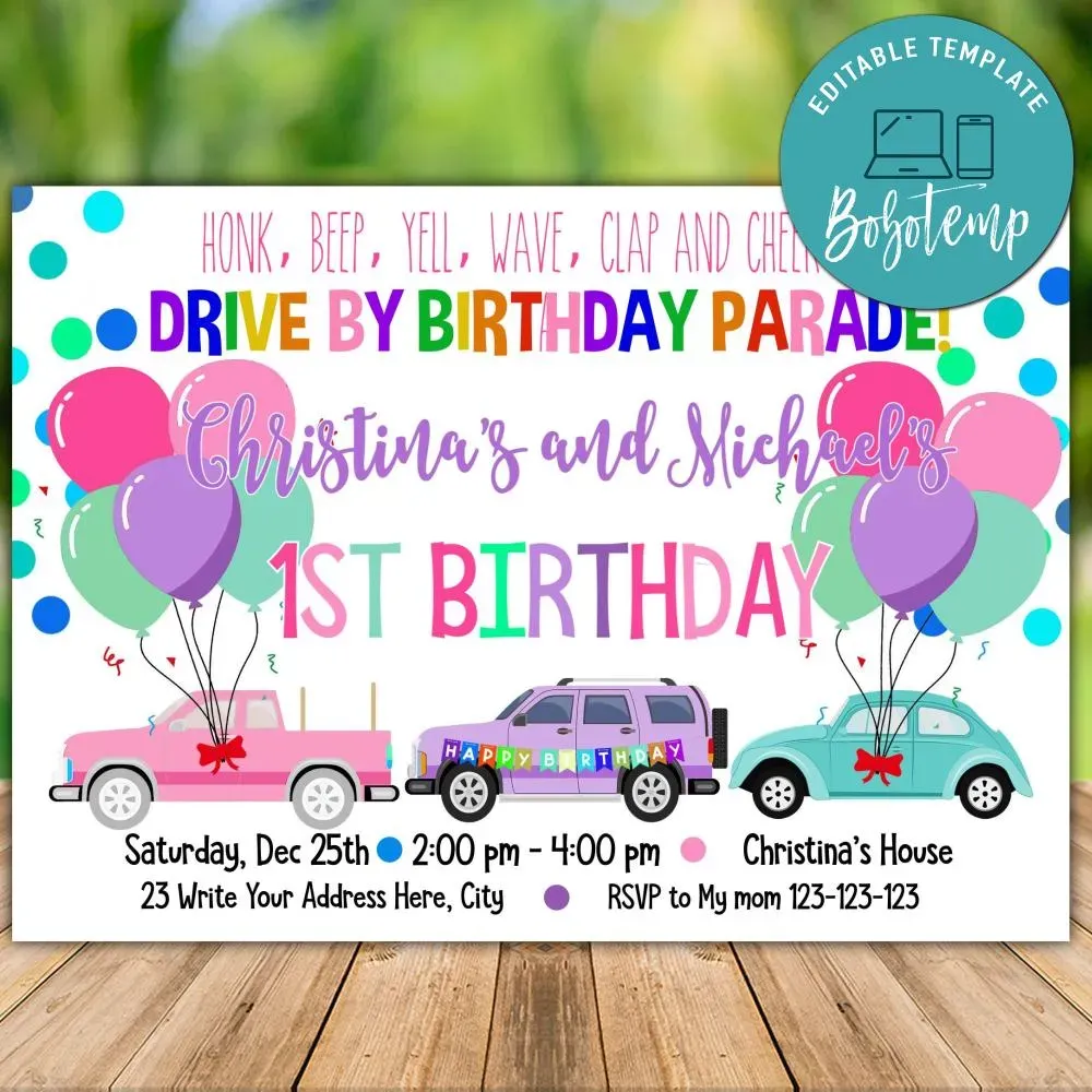 Printable Girl Twins Drive By Parade 1st Birthday Invitation DIY | Bobotemp