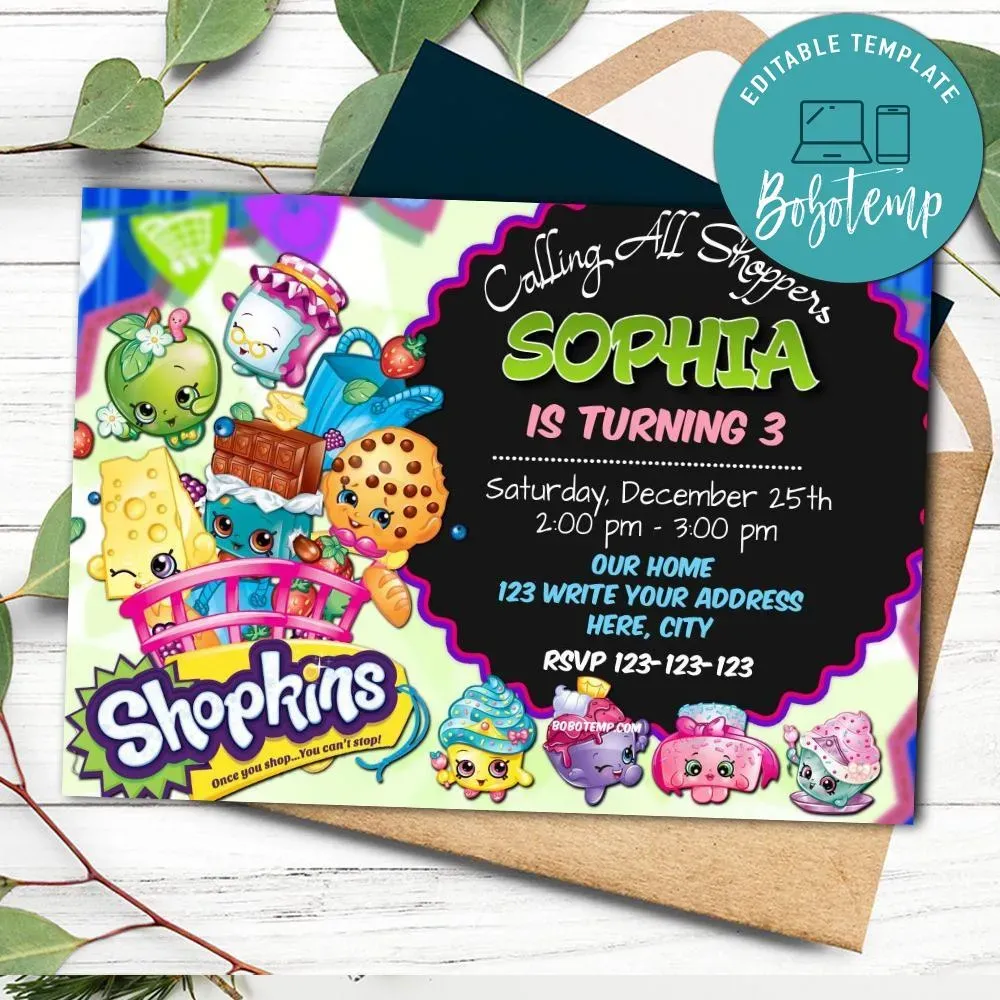 Shopkins Invitation Customizable Template Instant Download | Bobotemp