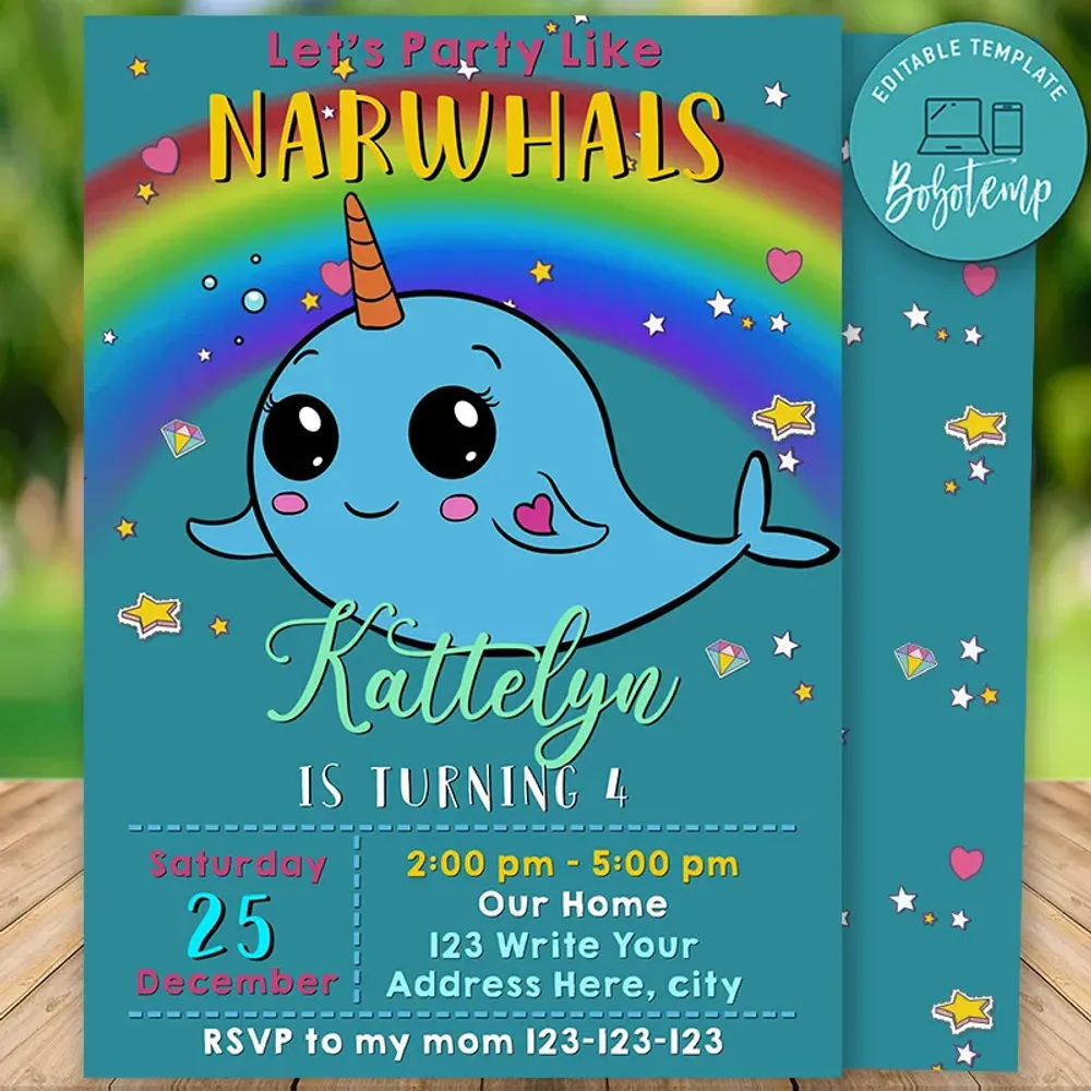 Editable Narwhal Unicorn Birthday Invitation Instant Download