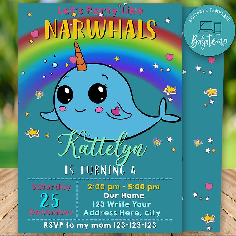 Editable Narwhal Unicorn Birthday Invitation Instant Download | Bobotemp
