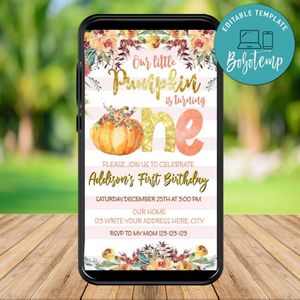 Mobile Our Little Pumpkin Birthday Text Invitation Instant Download