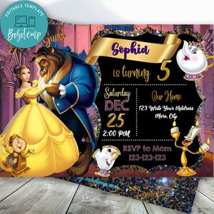 Editable Beauty And Beast Birthday Flyer Pink And Gold Instant Download
