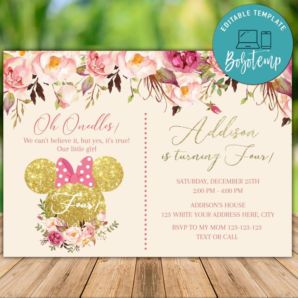 Printable Minnie Mouse Pink Gold Glitter 4th Birthday Invites Bobotemp Printable Minnie Mouse Pink Gold Glitter 4th Birthday Invites Bobotemp