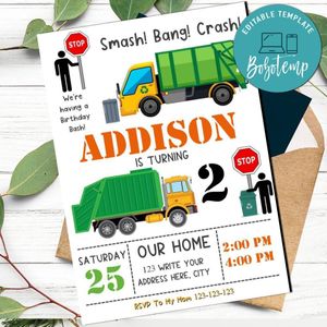 Garbage Truck Invitation Template to Print at Home Instant Download