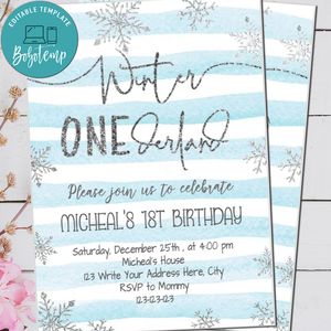 Editable Winter Wonderland Blue Snowflakes Birthday Invitation Digital File