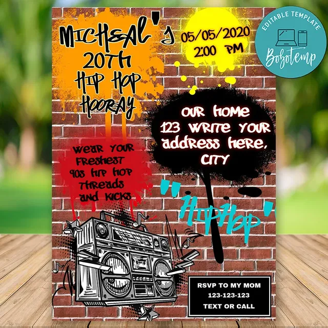 Editable Hip Hop Hooray 90's Party Birthday Invitation DIY | Bobotemp editable-hip-hop-hooray-90-s-party-birthday-invitation-diy-bobotemp