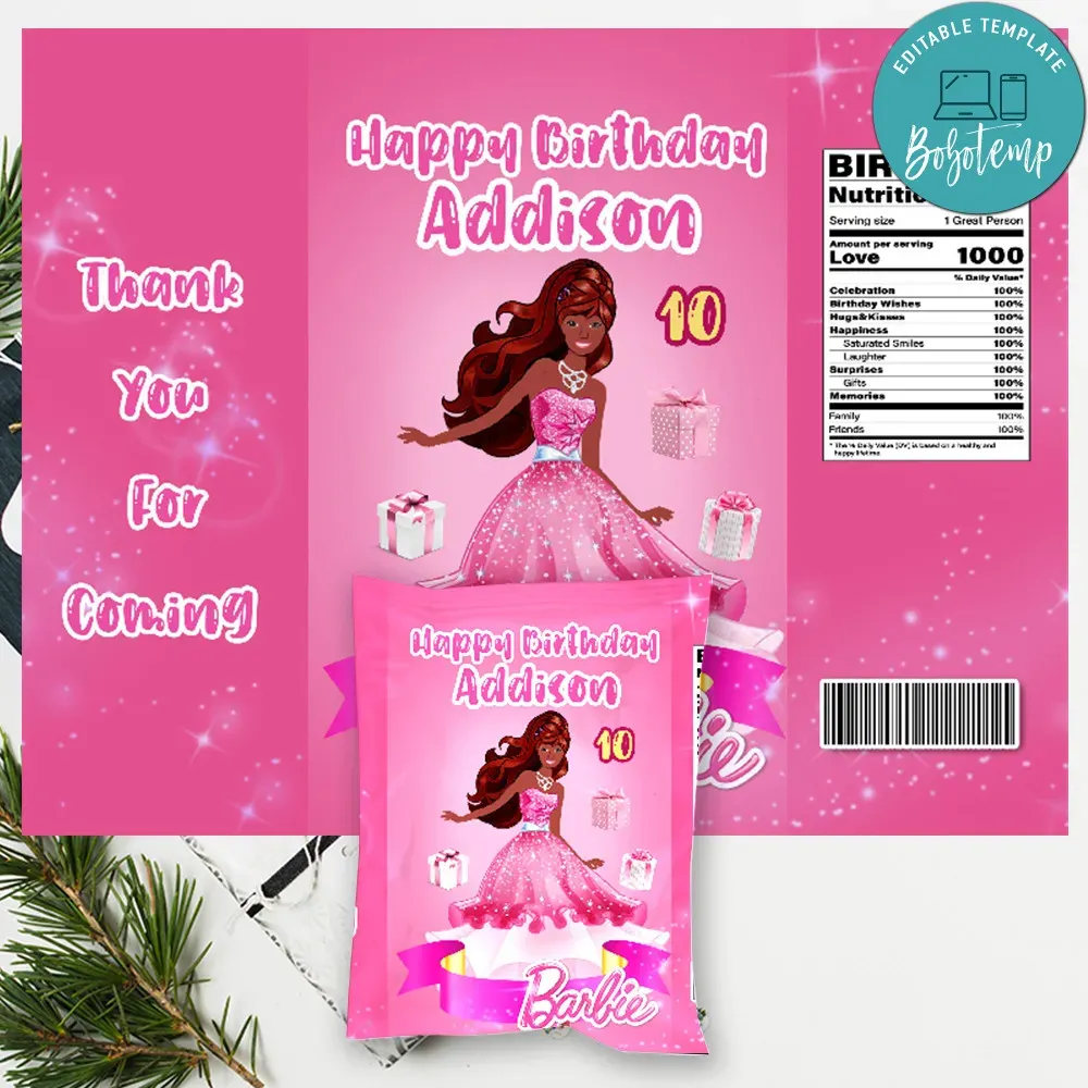 Black Barbie Birthday Chip Bag Digital File Printable DIY | Bobotemp
