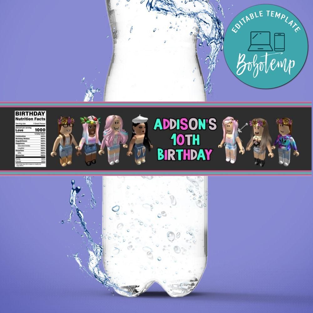 girl roblox birthday water bottle label template to print at home