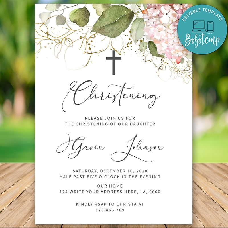 Editable Blush Floral Christening Invitation Instant Download Bobotemp