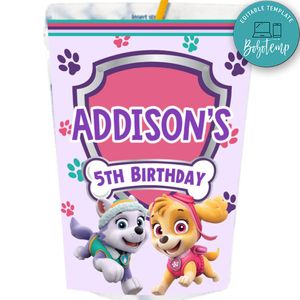 Girl Paw Patrol Capri Sun Birthday Labels Digital File Printable Instant Download
