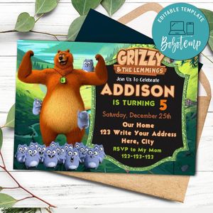 Grizzy and the lemmings Invitation Template to Print at Home Instant Download