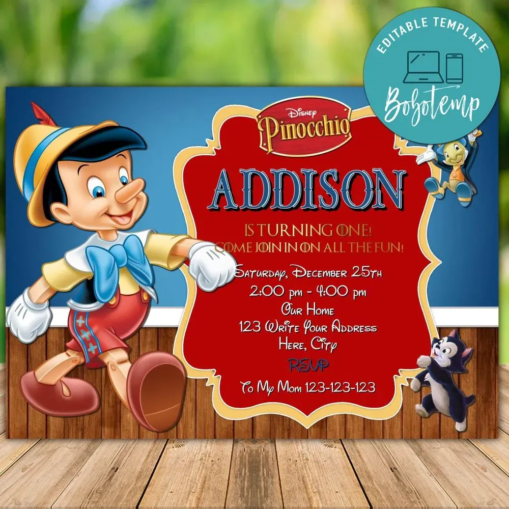 Editable Pinocchio Birthday Invitation Instant Download | Bobotemp