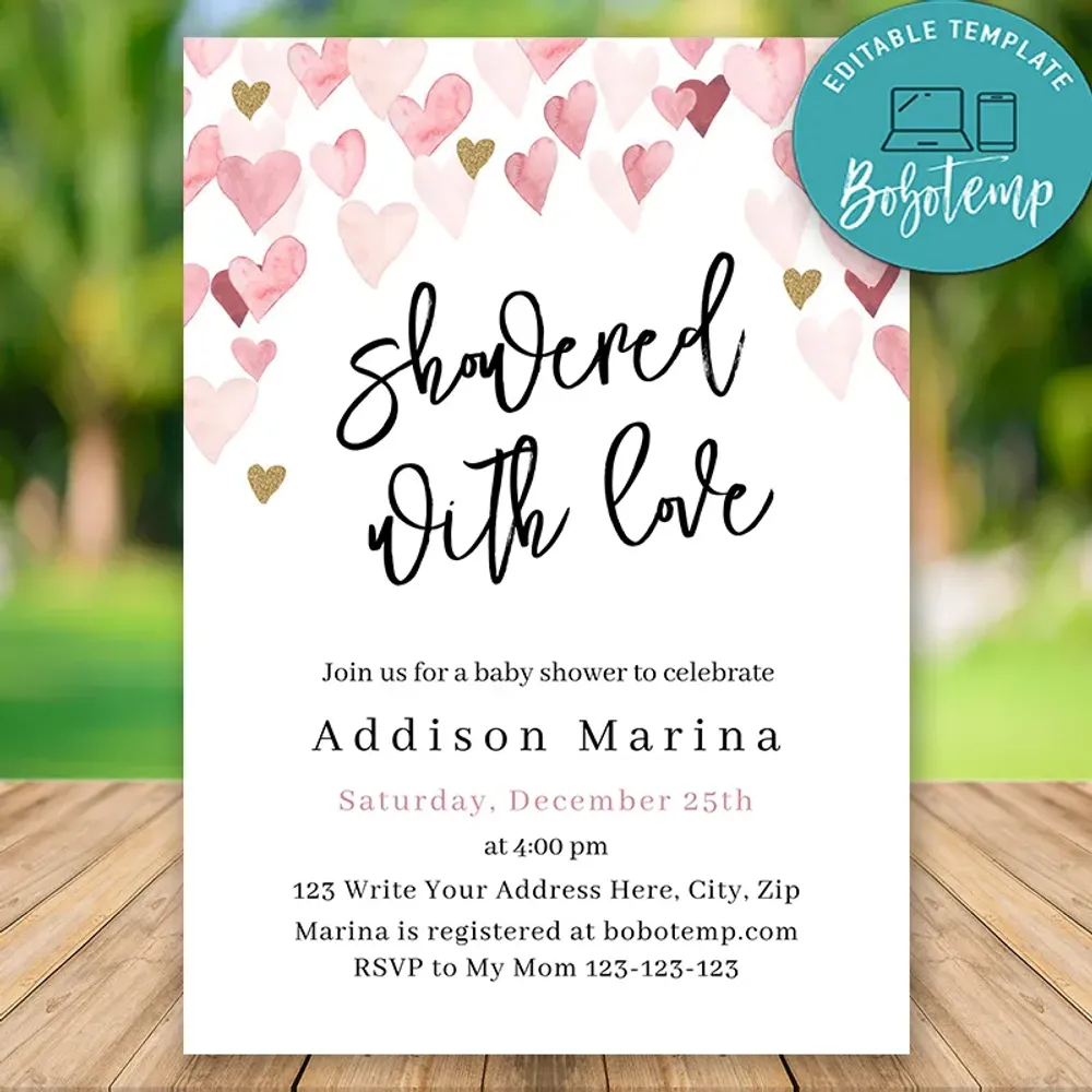 Editable Showered With Love Baby shower Invitations DIY Bobotemp