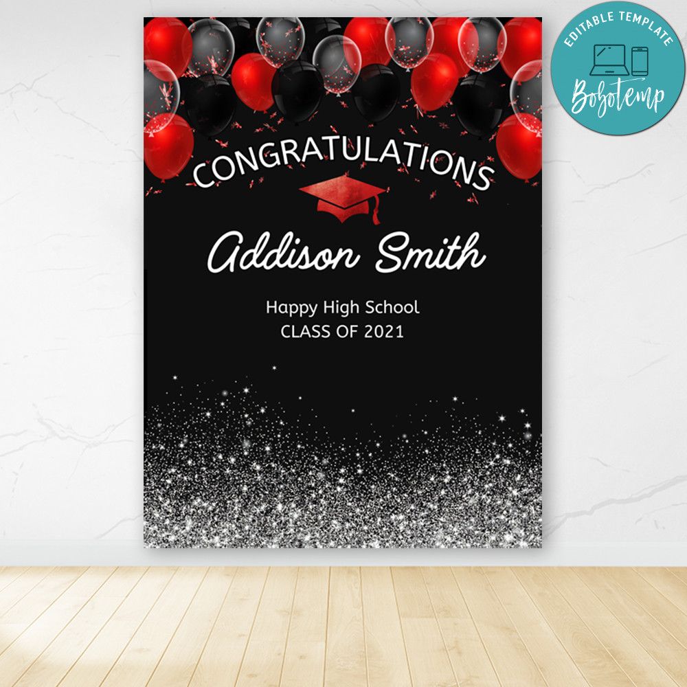College Graduation Red Silver Black Backdrop Digital File | Bobotemp