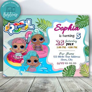 Editable Lol doll Pool Party and Free Thank You Tag Instant Download