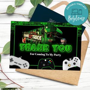 Game Truck Thank you card Template to Print at Home Instant Download