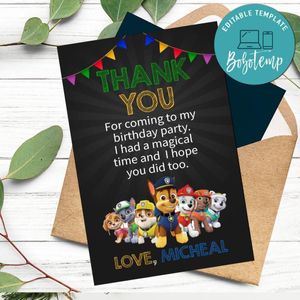 Paw Patrol Thank you card Template to Print at Home Instant Download