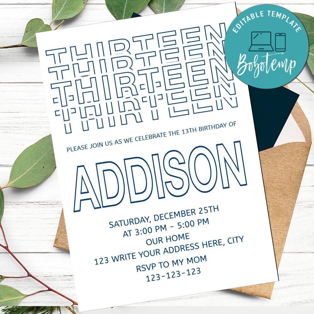 Boy Teenage Party Invitation Customizable Template DIY Bobotemp