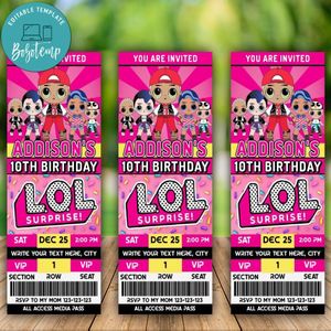 Lol doll boy Birthday Vip Ticket Invitation Printable Instant Download