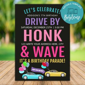 Printable Drive By Honk and Wave Pink Car Parade Invitation Template Instant Download