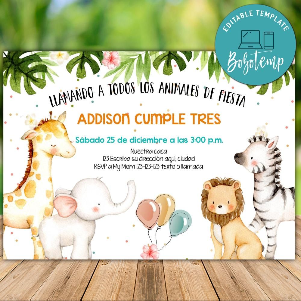 Descarga inmediata de las invitaciones de cumpleaños de Zoo Safari Animals  para imprimir | Bobotemp, image size:1000x1000